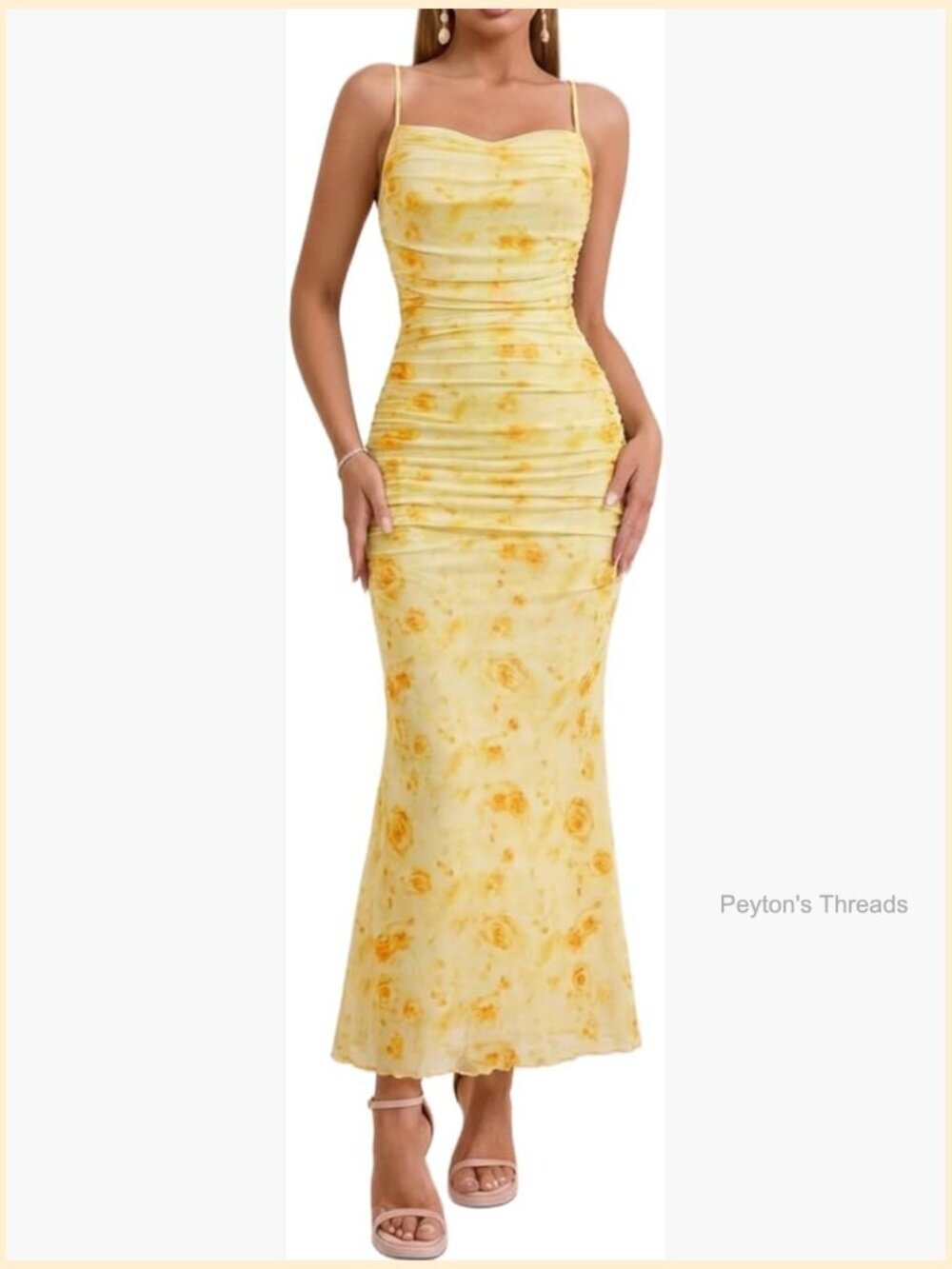 Spaghetti Strap Ruched Mesh Long Dress